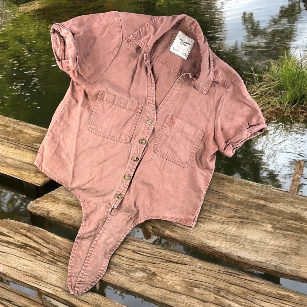 Abercrombie Fitch Tie-Front Shirt‎ Women XS Top Cropped Button Down Blouse Pink